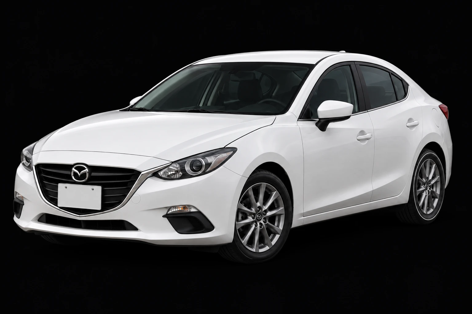 Mazda 3 blanco con las marcas de lo que revisa Sherlock: VIN, kilometraje, llantas y costados, paneles y pintura